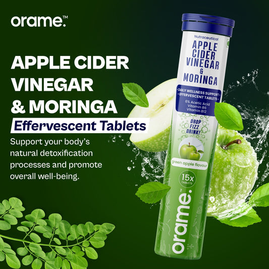 Orame Apple Cider Vinegar & Moringa Effervescent Tablets – Green Apple Flavour | Vitamin B6 & B12 | Daily Wellness Drink | 15 Tablets